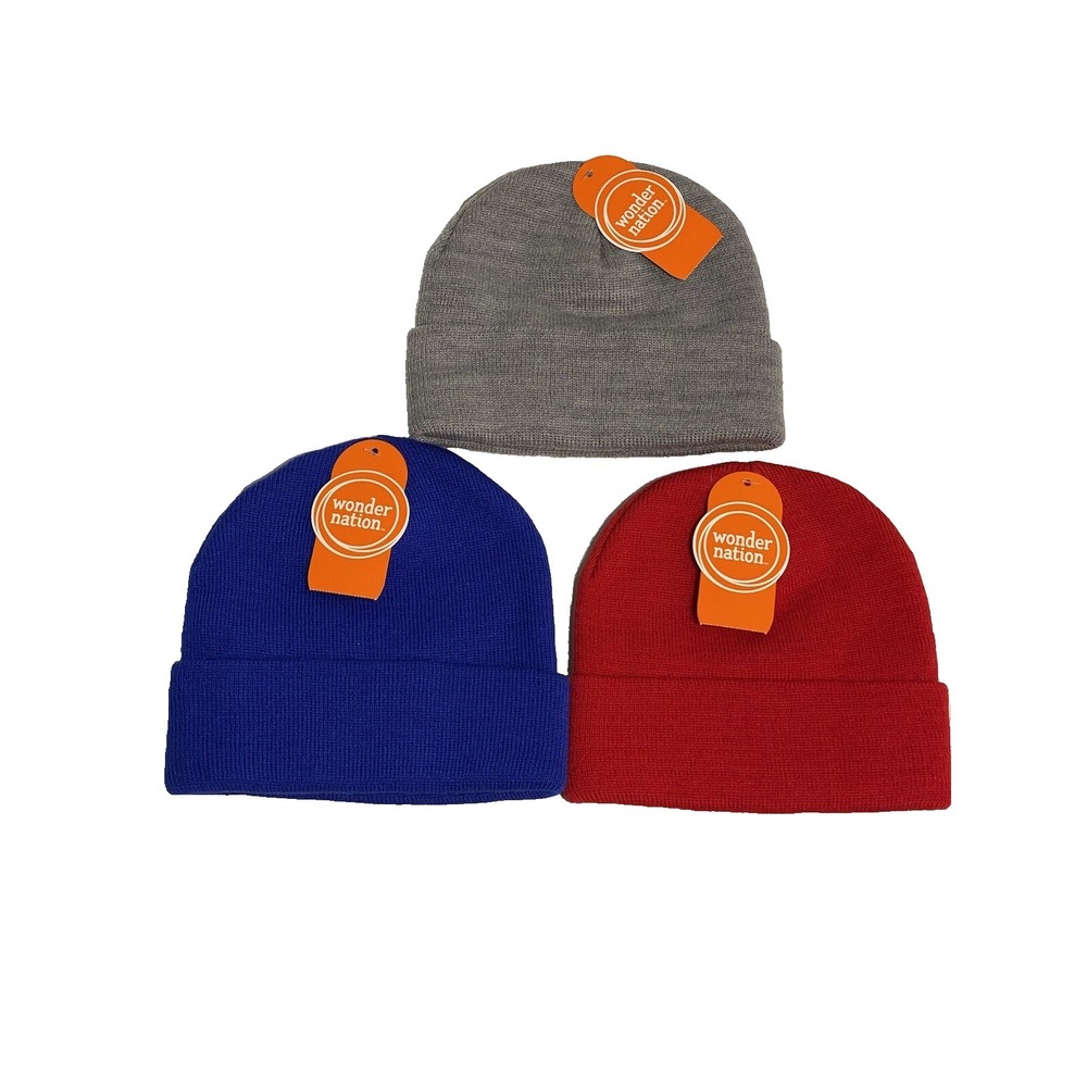 wonder nations boys winter hats OSFM‎ grey blue red 3 beanies hats